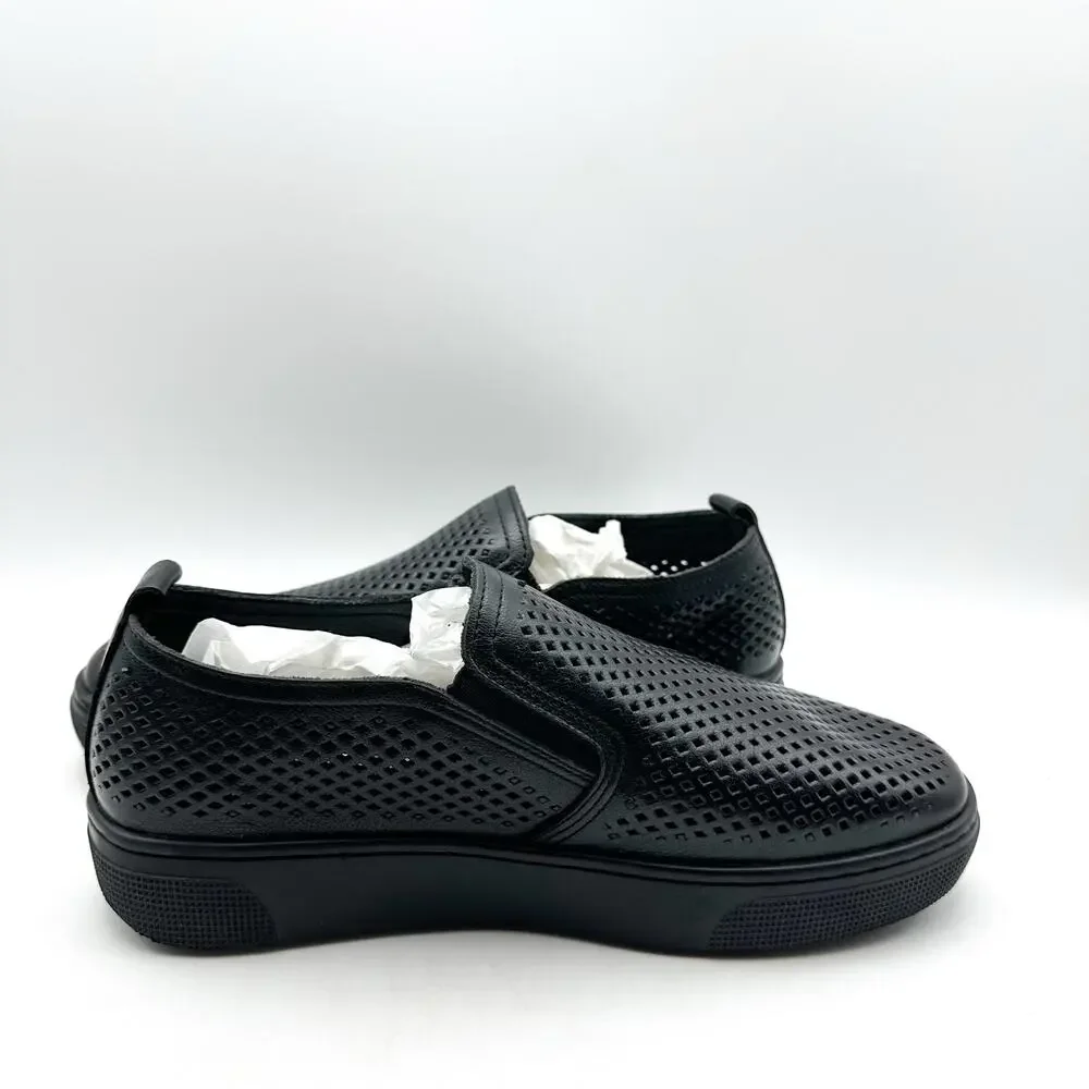 Propet Womens Kate Casual Sneaker Size 7.5 Black Perforated Leather Slip-On NWOB